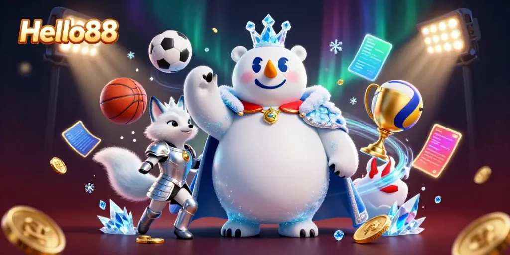Experience exciting gaming moments with Hello88 featuring a royal polar bear and dynamic sports elements.