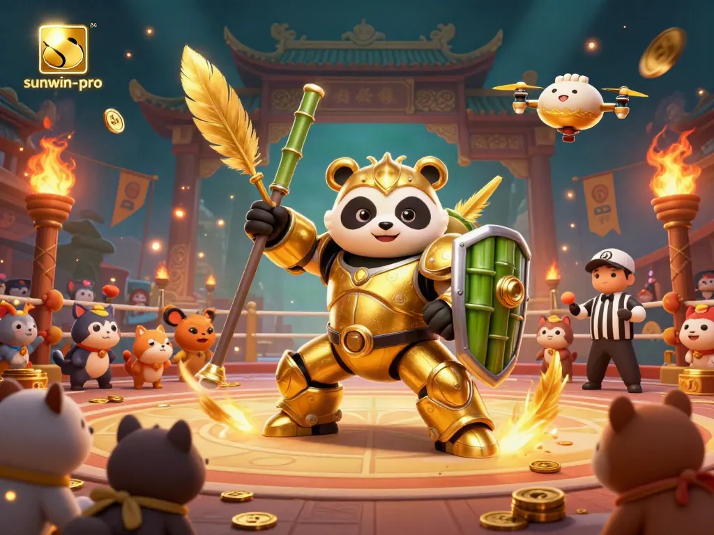 Experience thrilling gameplay at sunwin-pro with a mech-suit panda battling in a vibrant arena.