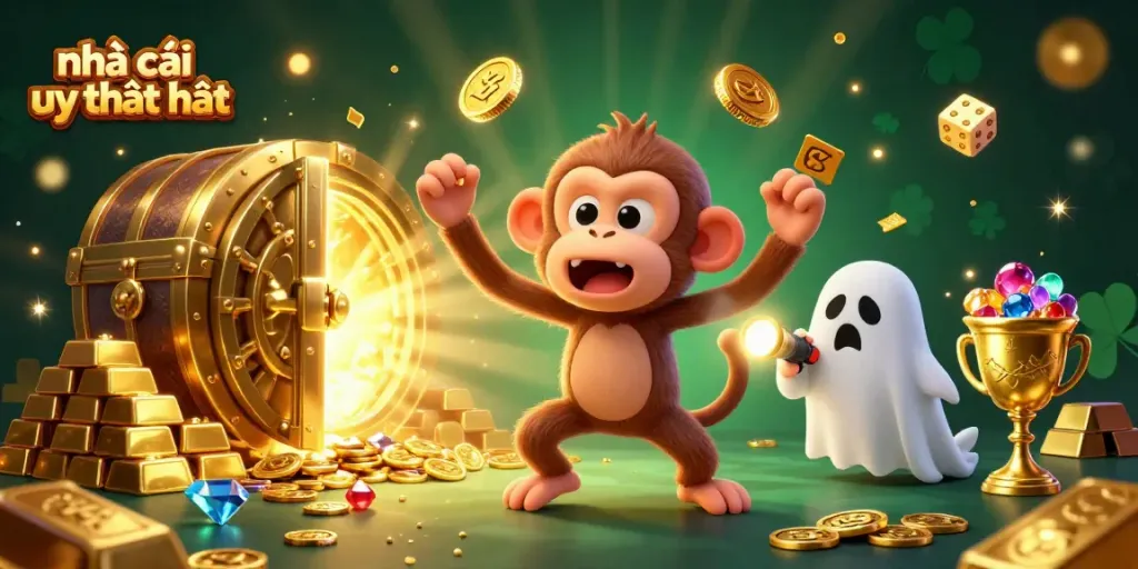 Engage with the nhà cái uy tín nhất in this dynamic haunted casino scene featuring a playful monkey and an inquisitive puppy.
