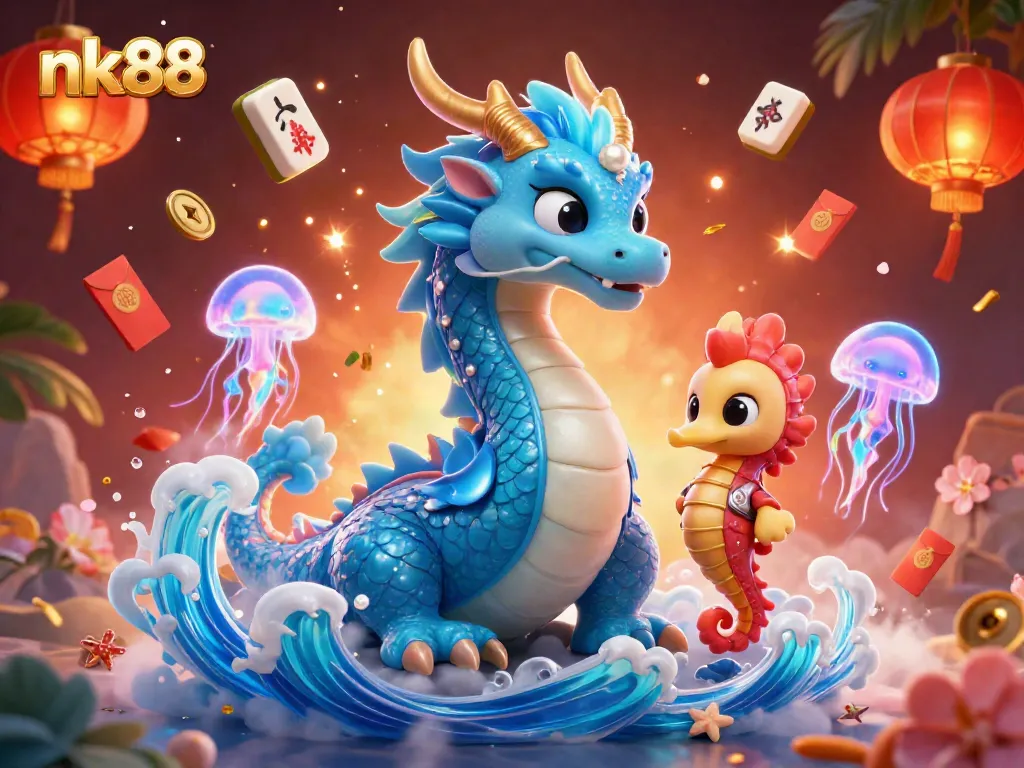 Experience thrilling gameplay at nk88 with vibrant 3D dragon and coral knight amidst glowing casino elements.