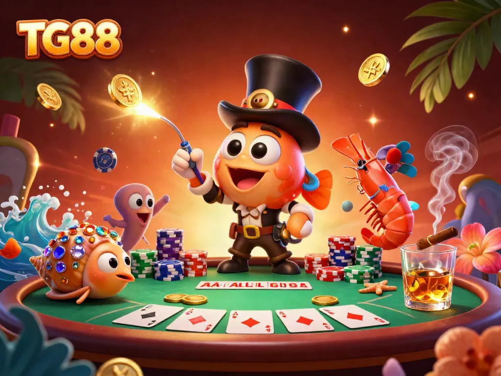 Experience exciting gameplay with TG88, featuring glowing coins and a poker scene with colorful chips.