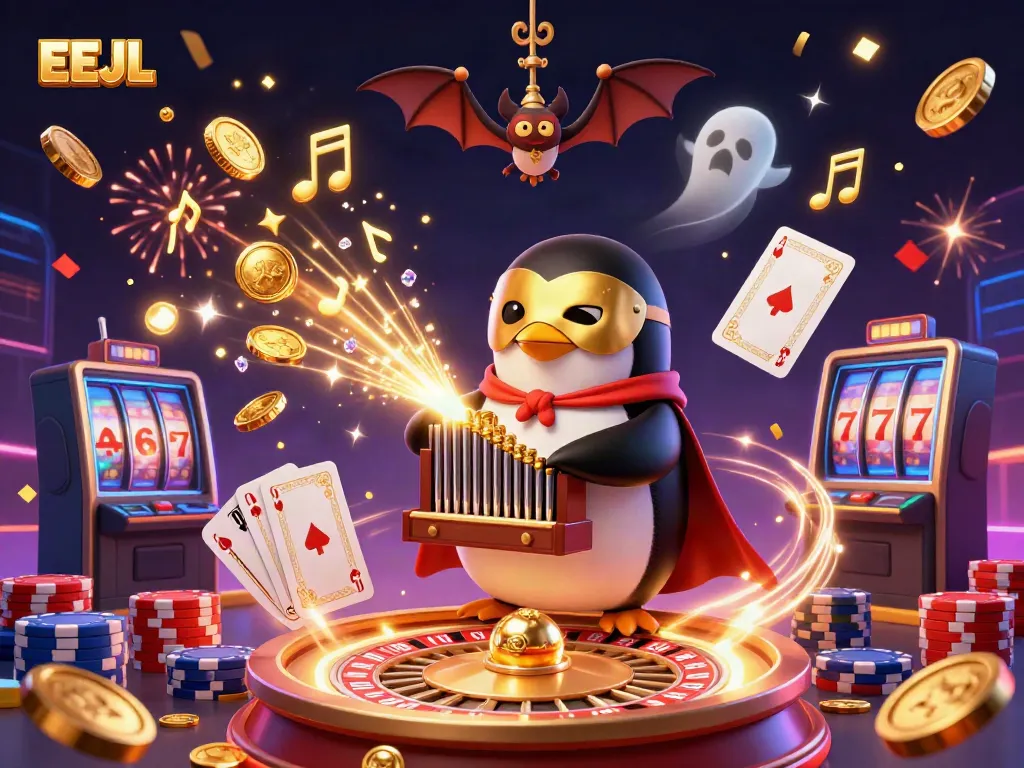 EEJL phantom opera penguin playing organ with golden coins in a vibrant casino scene.