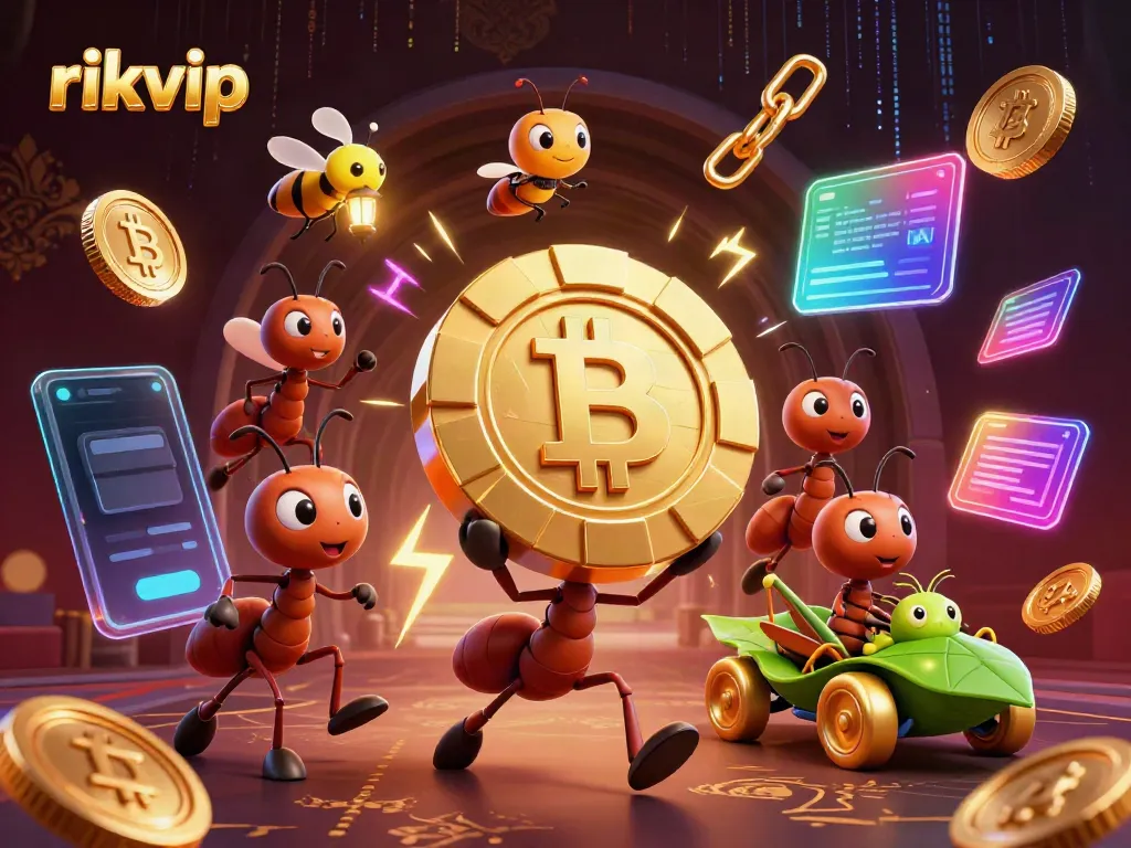 Engage in thrilling gameplay with rikvip as playful ants embark on a heist featuring a giant poker chip amidst dazzling crypto elements.