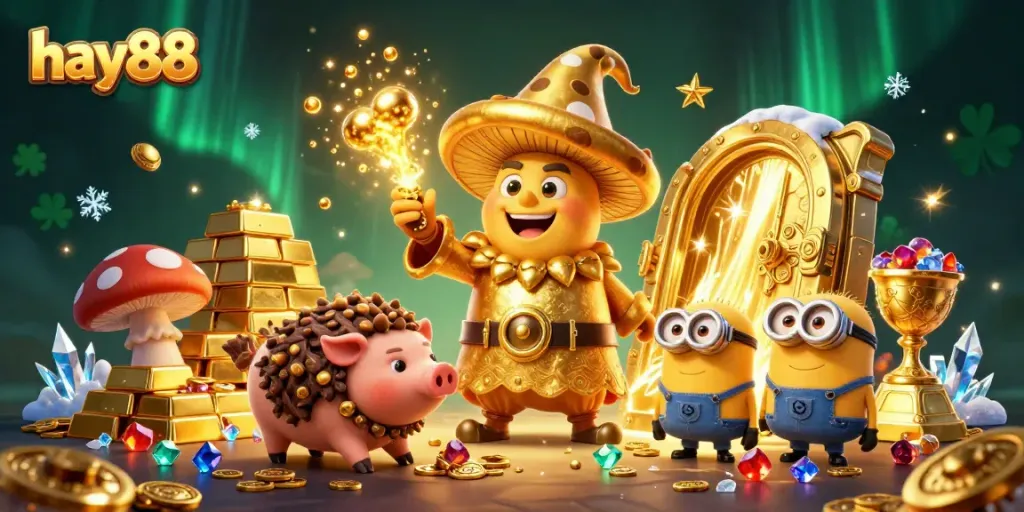 Engage with gold and treasure at hay88, featuring magical characters in a vibrant casino scene.