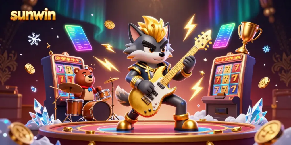 Experience the excitement of sunwin with a vibrant casino scene featuring a rock star wolf guitarist and dynamic gambling elements.