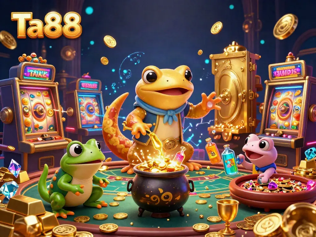 Experience the thrill of Ta88 with dynamic casino elements, vibrant characters, and gold-rich imagery.