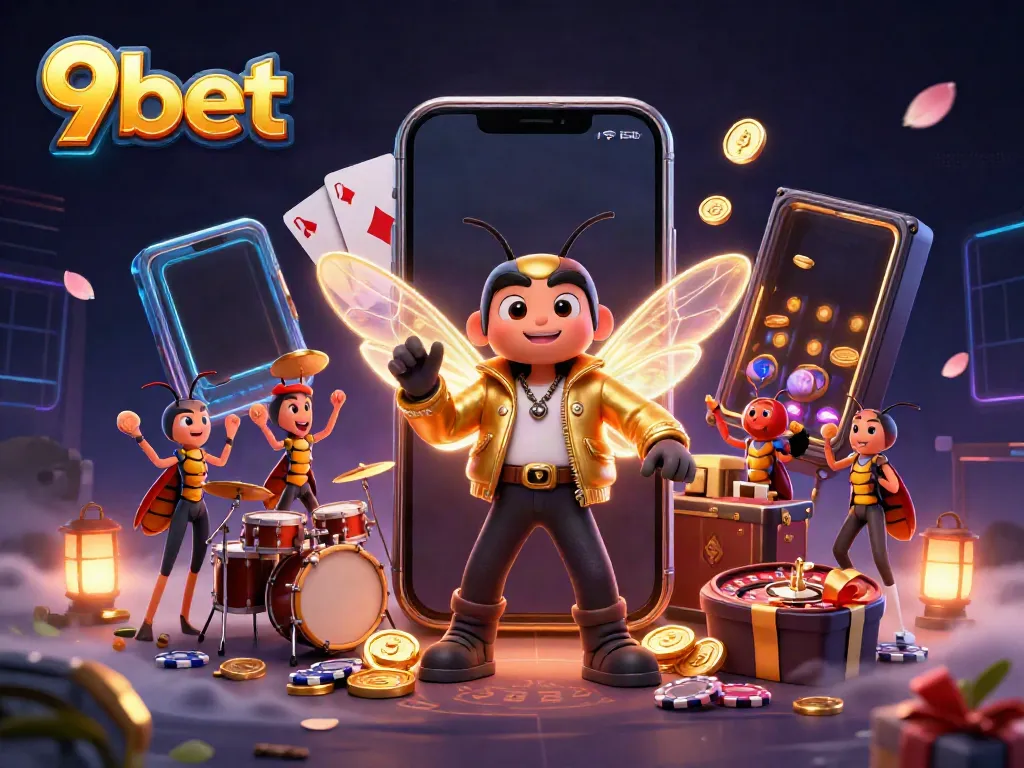 Engaging 3D illustration of 9bet features a rock star theme with casino elements like slot games, coins, and cards.