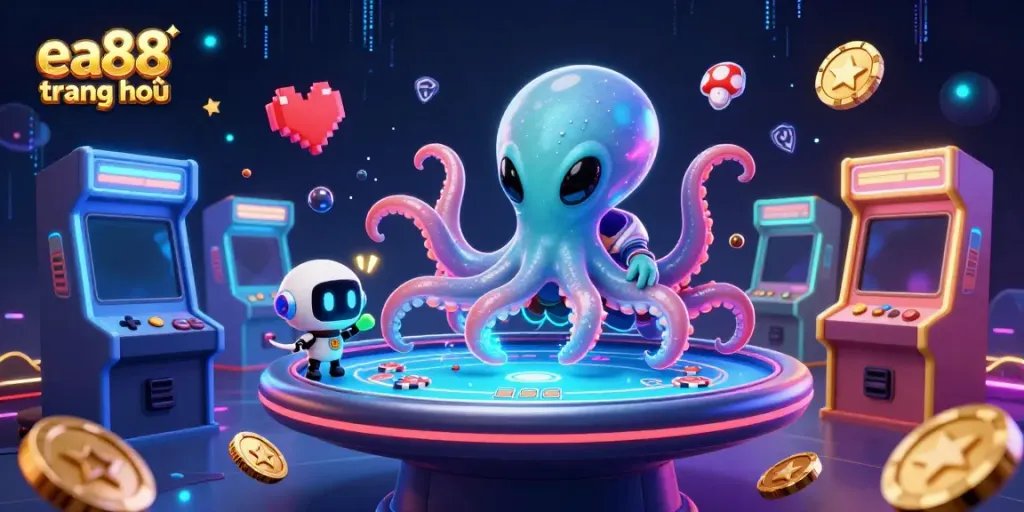 Engage with the vibrant ea88 trang chủ poker scene featuring an alien octopus and playful robot.