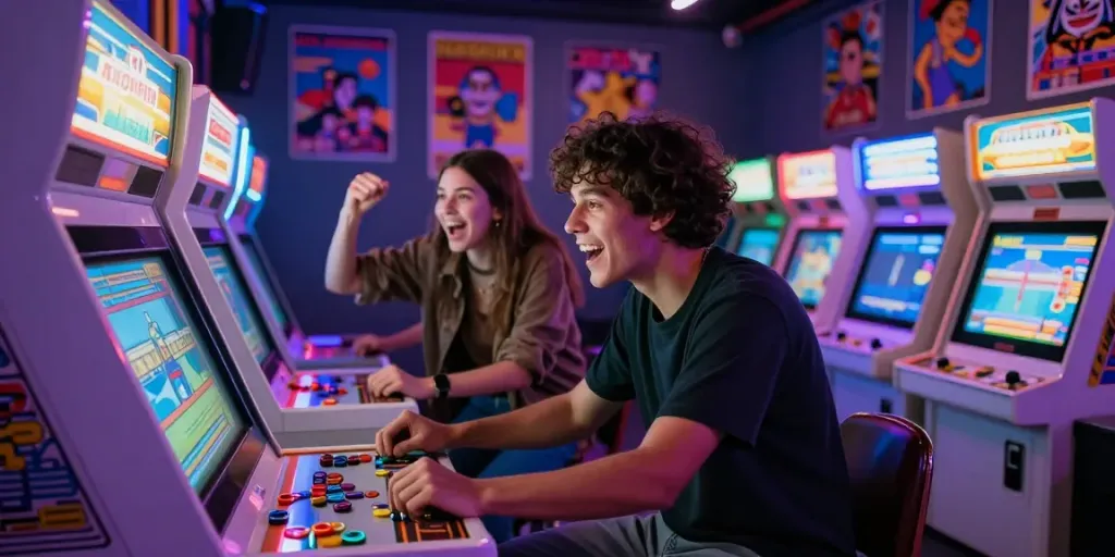 Pecah 404 in an arcade setting with friends playing retro games amid vibrant neon lights.