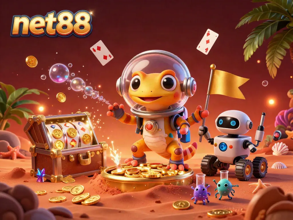 Engage in the thrilling world of net88 with a 3D cartoon Martian gecko and golden casino treasure.