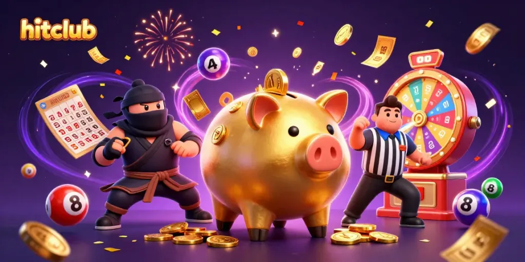 Hitclub players enjoy dynamic casino excitement with colorful lottery balls and golden prizes.