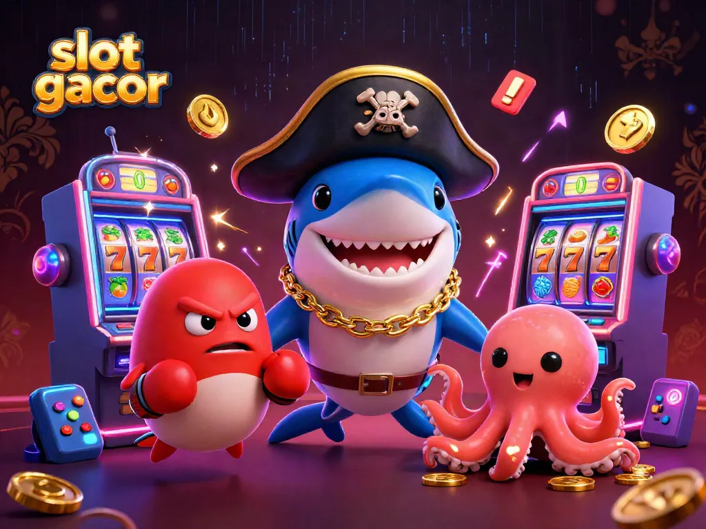 Spin the slot gacor reels with vibrant 3D characters, jackpot counters, and gold coins flowing all around.