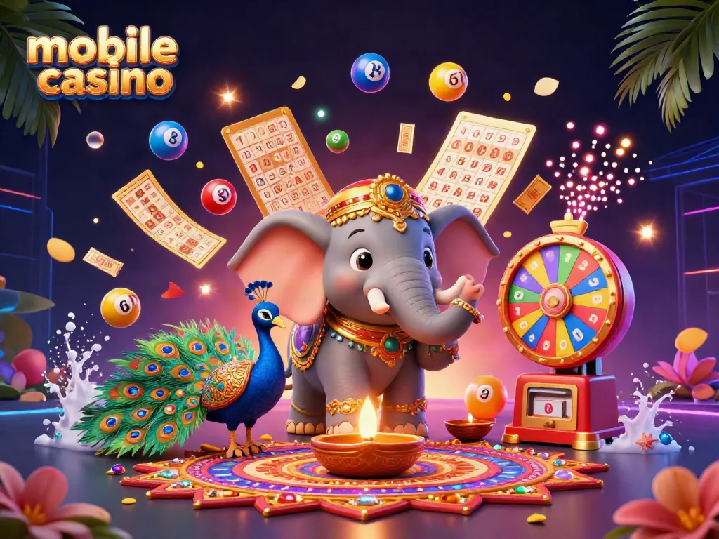 Experience thrilling mobile casino action with a vibrant illustration of a Diwali-themed elephant and peacock.