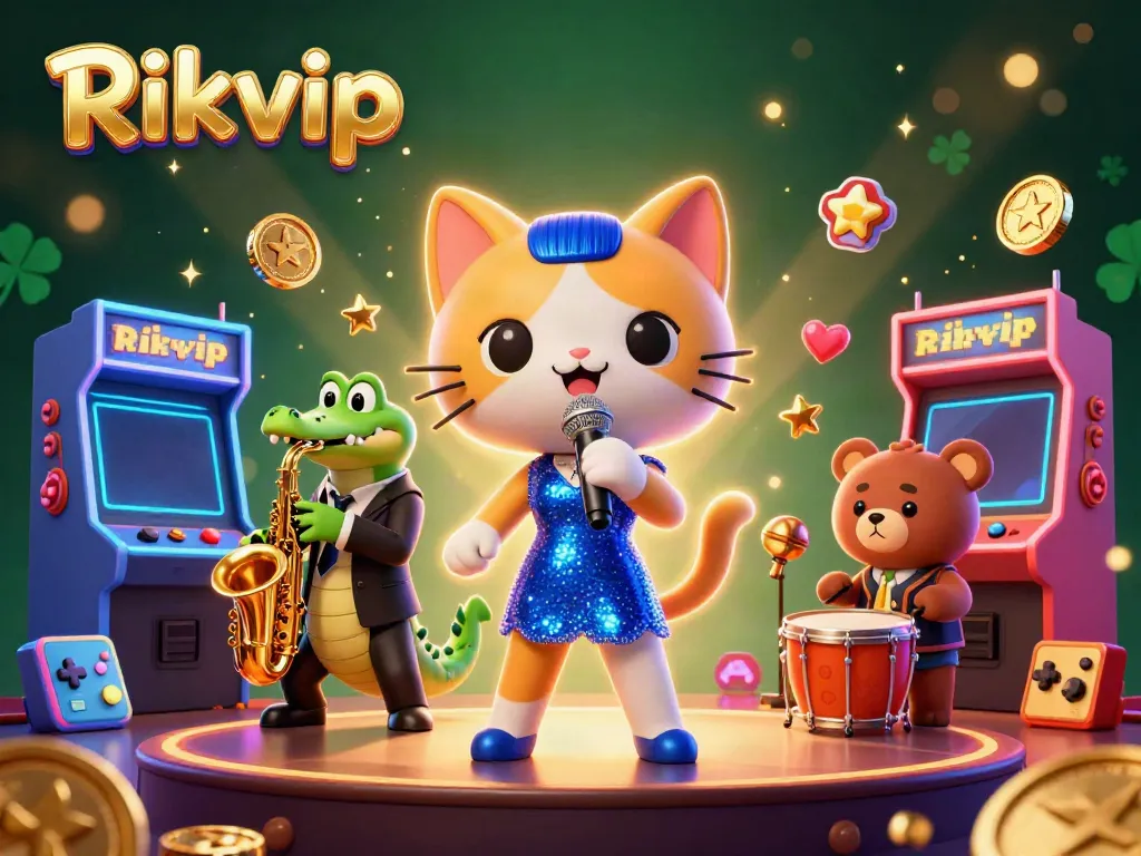 Engage in thrilling gameplay with Rikvip in a lively casino setting featuring charming cartoon characters.