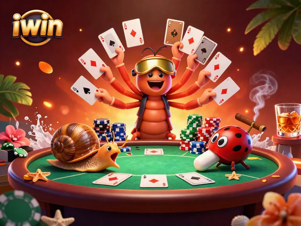 iwin showcases an animated scene with a quirky casino theme featuring a millipede dealer, poker elements, and high-rollers.