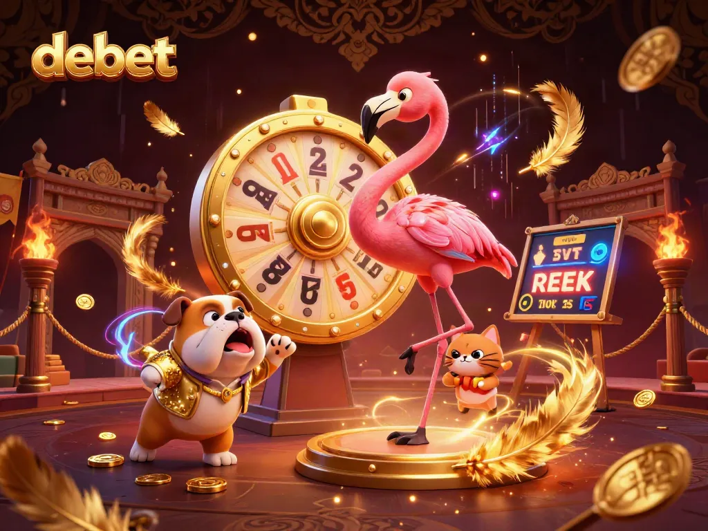 Spin the prize wheel at Debet, featuring a vibrant 3D scene of casino excitement and fun.