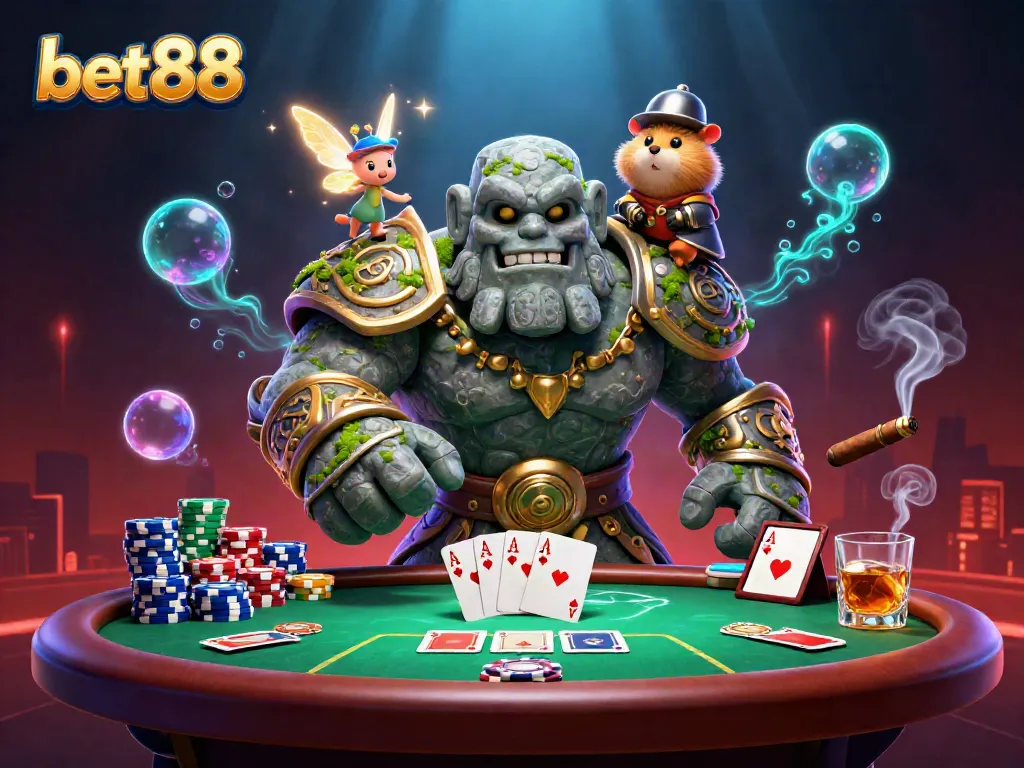 Experience bet88’s thrilling adventure with a magical golem, fairy, and hamster knight amid poker excitement.
