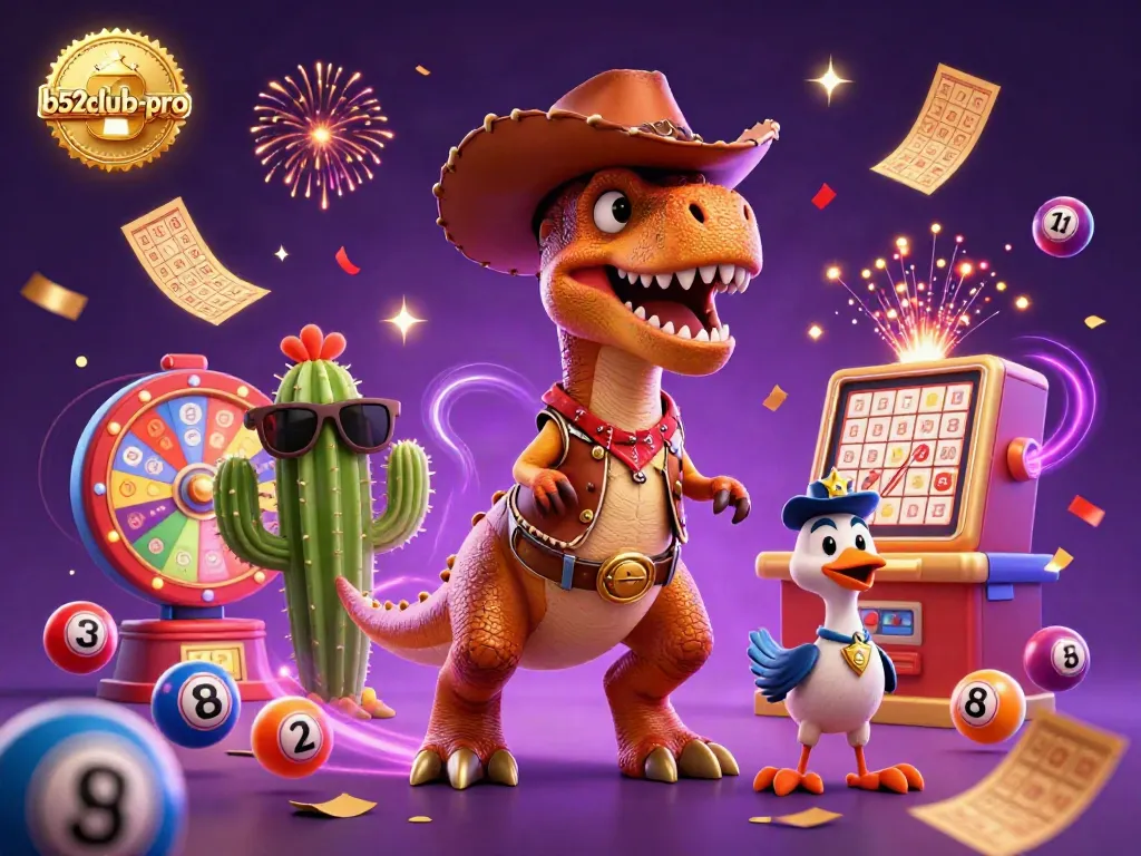 Experience b52club-pro excitement with vivid illustrations of a cowboy dinosaur, a cactus, and roadrunner, all amidst festive gaming elements.