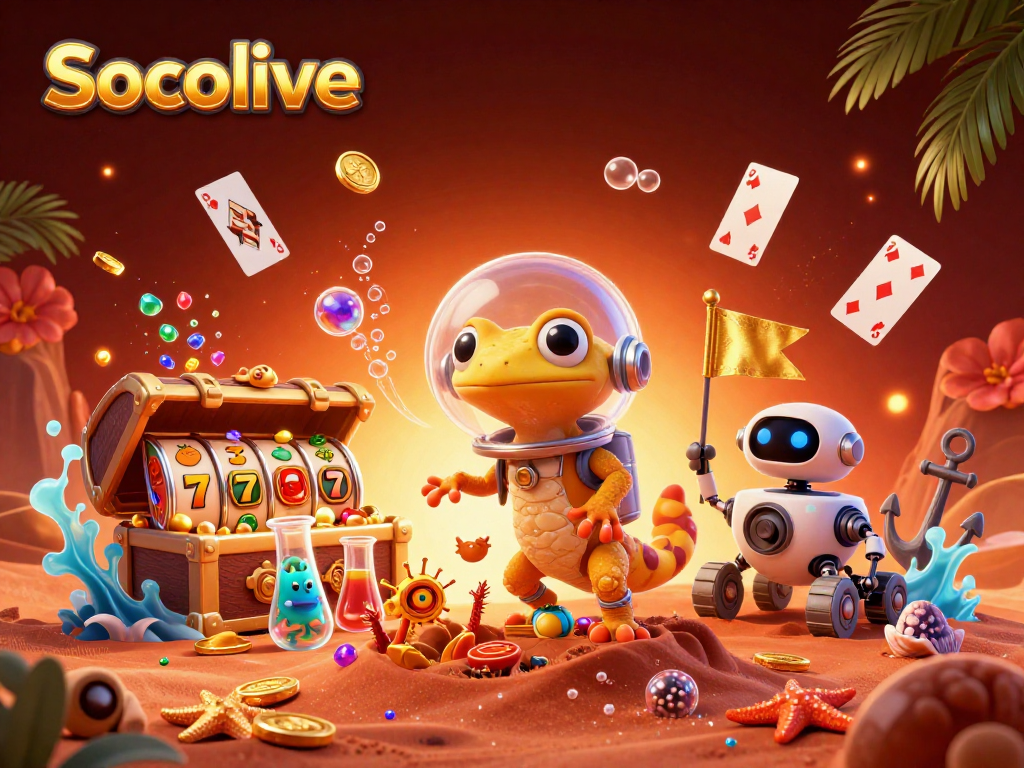 Socolive shines in a vibrant 3D casino scene filled with slot reels and treasure elements