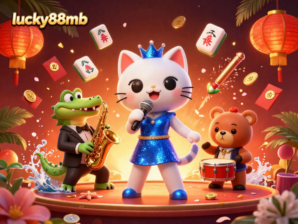 Experience vibrant gambling excitement at lucky88mb with a lively jazz singer cat and friends in a lavish casino setting.