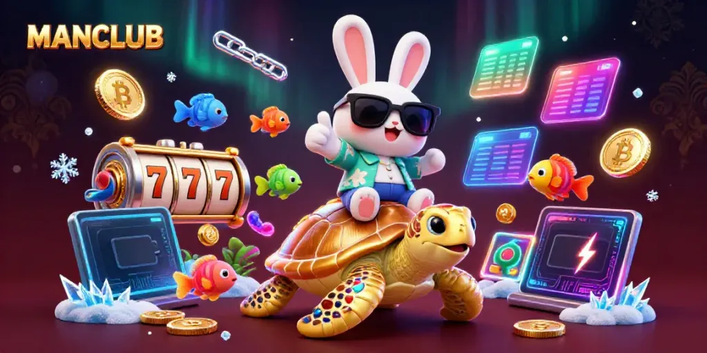 Engaging MANCLUB illustration featuring a lucky rabbit on a turtle surrounded by slot machines and cryptocurrency coins.