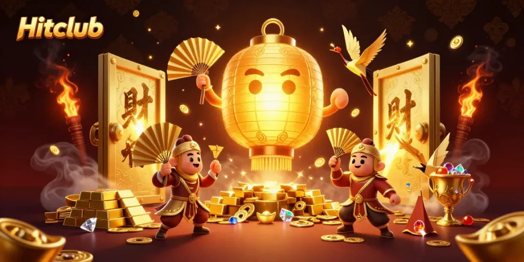 Hitclub's vibrant 3D scene featuring golden lantern spirit surrounded by gaming treasures and lucky symbols.