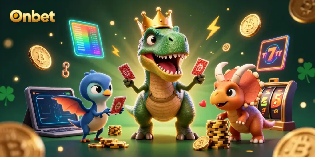 Experience the excitement at Onbet with animated characters playing cards and stacking chips amidst vibrant casino elements.