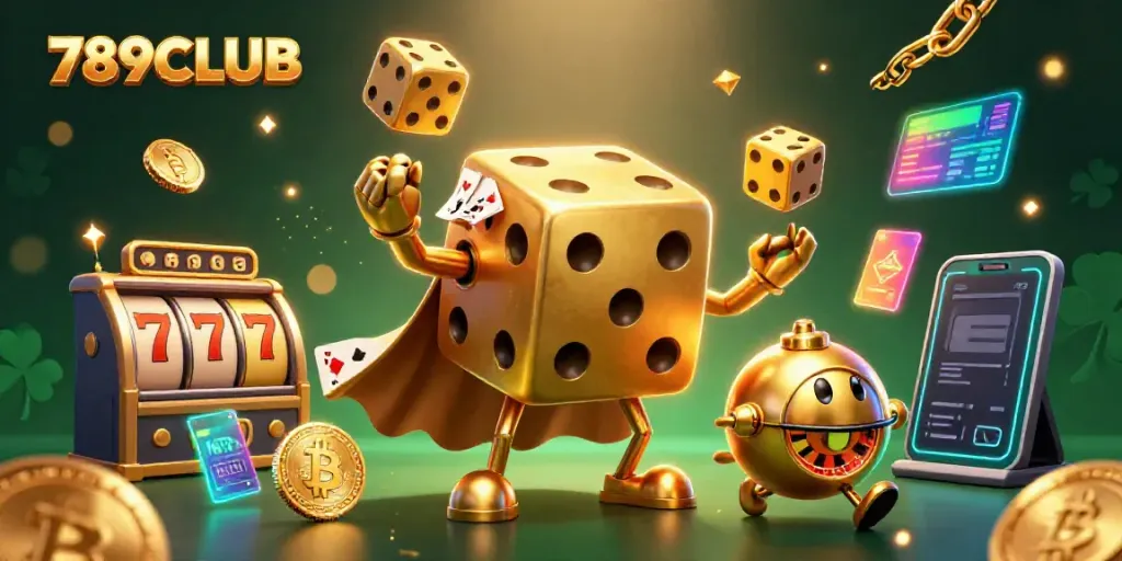 Engage with 789CLUB through vibrant casino gameplay featuring golden dice and neon crypto elements.