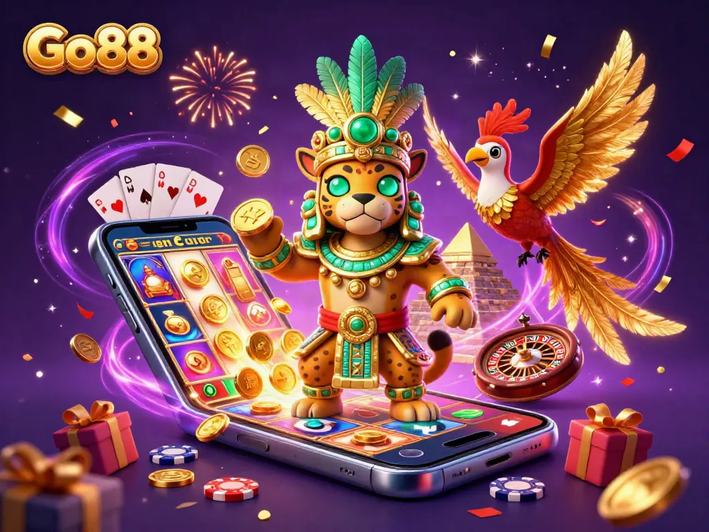 Engage in exciting casino gameplay with Go88's vibrant illustration featuring vibrant elements and characters.