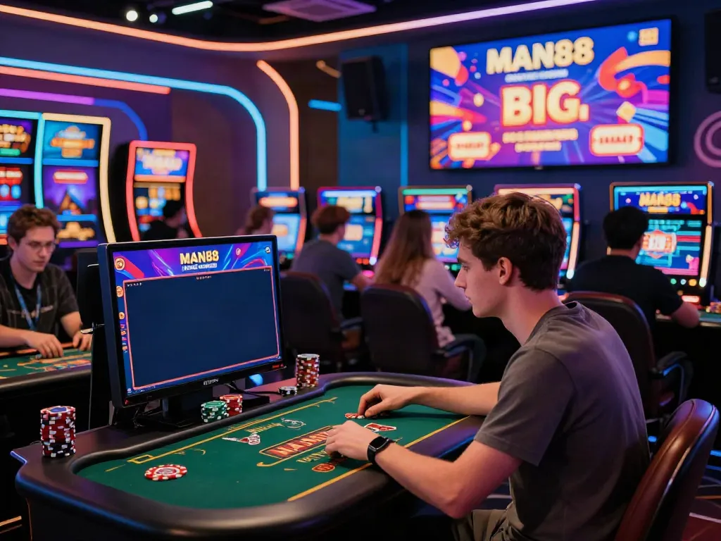 Exciting online casino scene showcasing players engaged on https://man881.jp.net/ with vibrant game graphics and digital displays.
