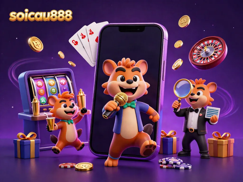 SoiCau888 hyenas create a vibrant casino scene with a comedian, bartender, and bouncer showcasing gambling excitement.