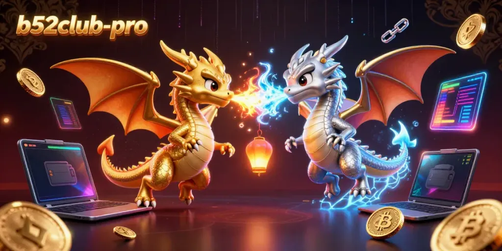 Engage with thrilling games at b52club-pro with dynamic dragons amidst crypto elements in an immersive casino setting.
