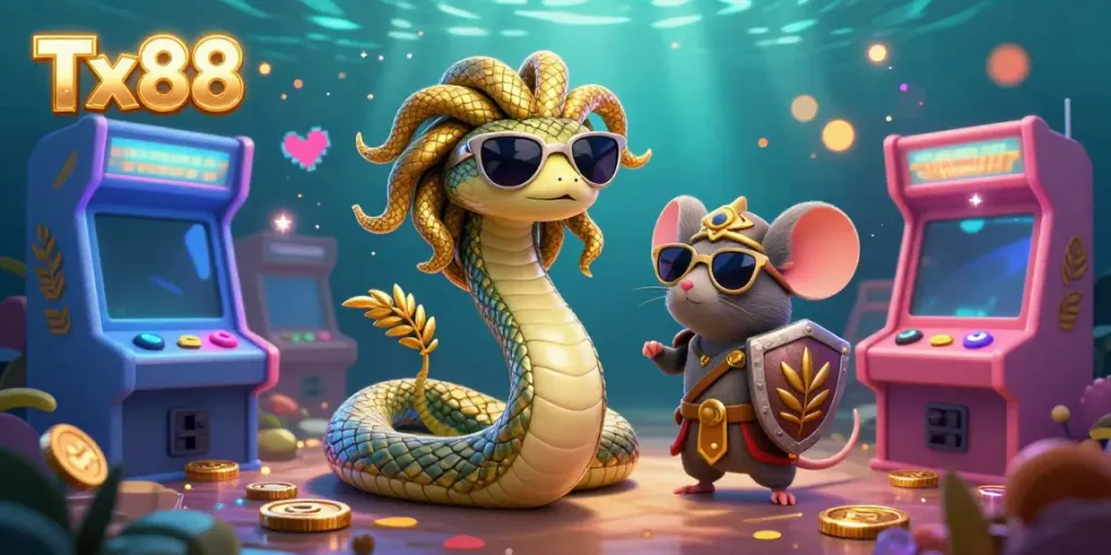 Experience the excitement of Tx88 with a vibrant 3D illustration featuring Medusa and a warrior mouse amidst colorful gaming elements.