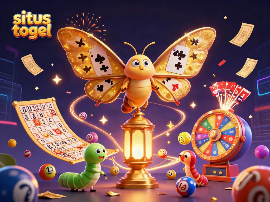 Experience situs togel excitement with a vibrant 3D illustration featuring lottery elements and a majestic moth.