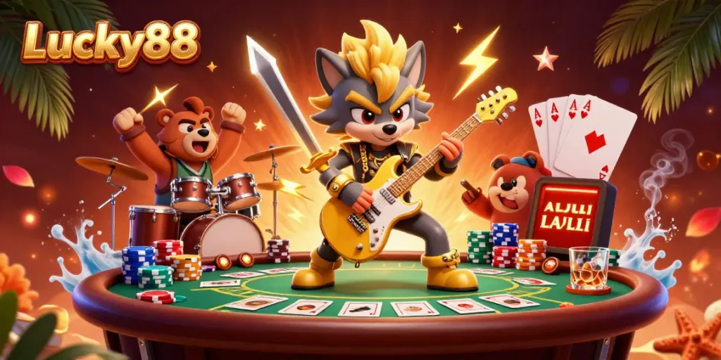 Experience thrilling action at Lucky88 with wolf rock star and bear drummer in a vibrant casino scene.