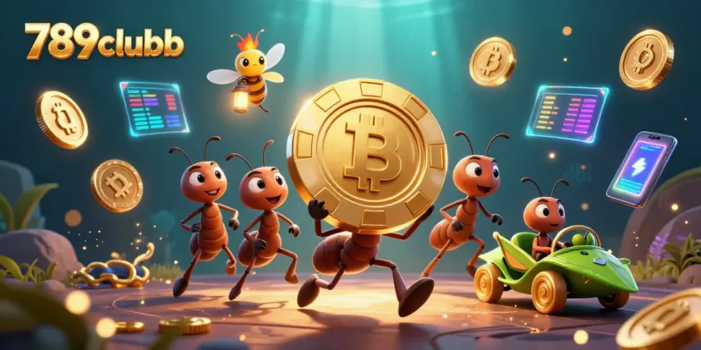 Engage in the thrilling world of 789clubb with ants carrying a giant poker chip in a vibrant heist.