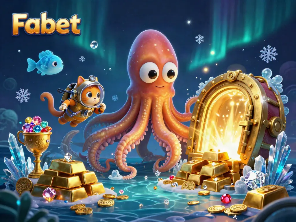 Experience the thrill of gaming at Fabet with a vibrant illustration featuring a kraken and treasures.
