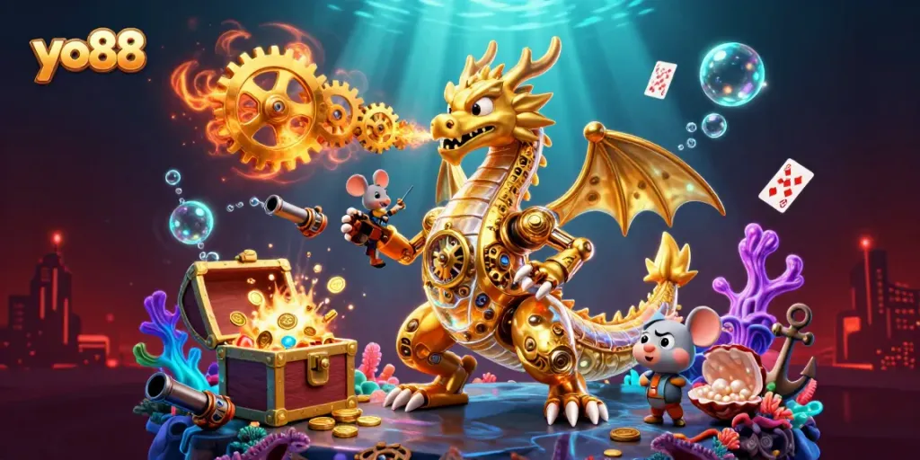 Play thrilling games at yo88 with a fantastic golden dragon and treasure scene.