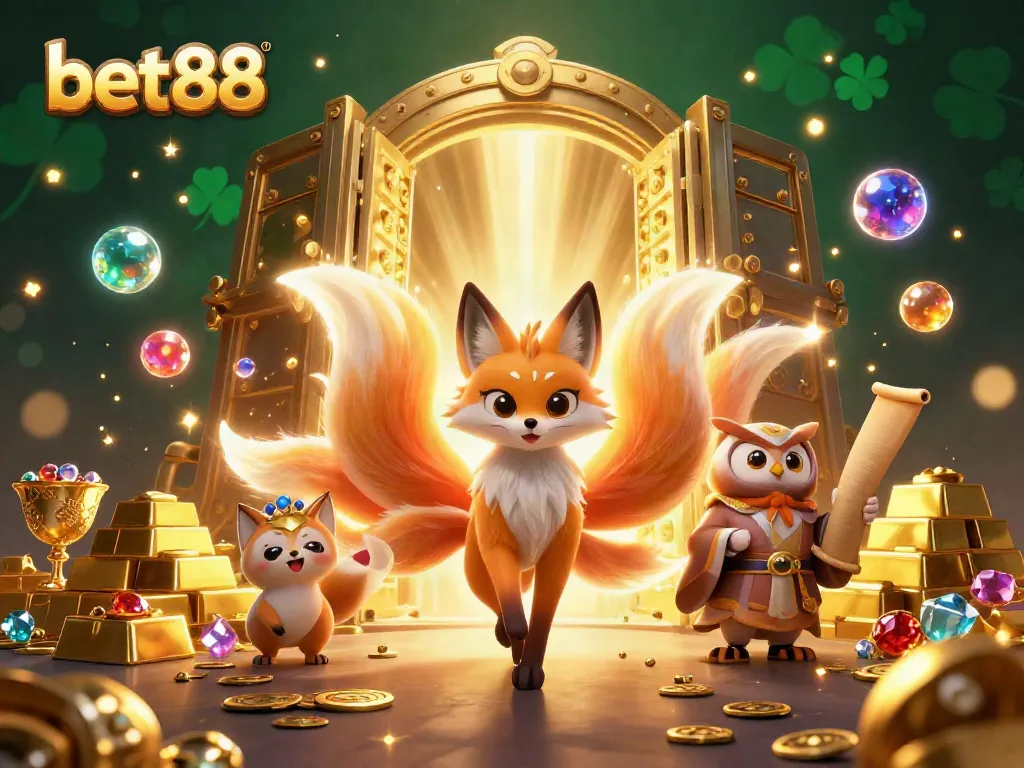 Experience the vibrant world of bet88 with a nine-tailed fox spirit and treasures bursting from a golden vault.
