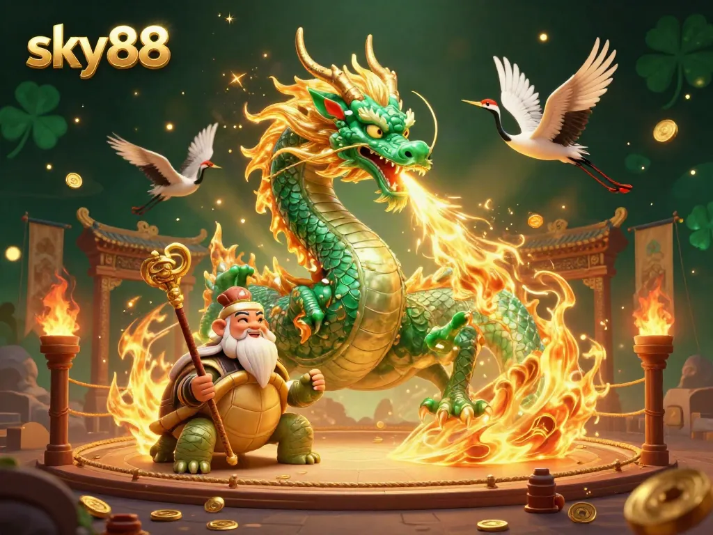 Experience the thrilling atmosphere of sky88 with a magnificent jade dragon and cartoon characters amidst casino elements.