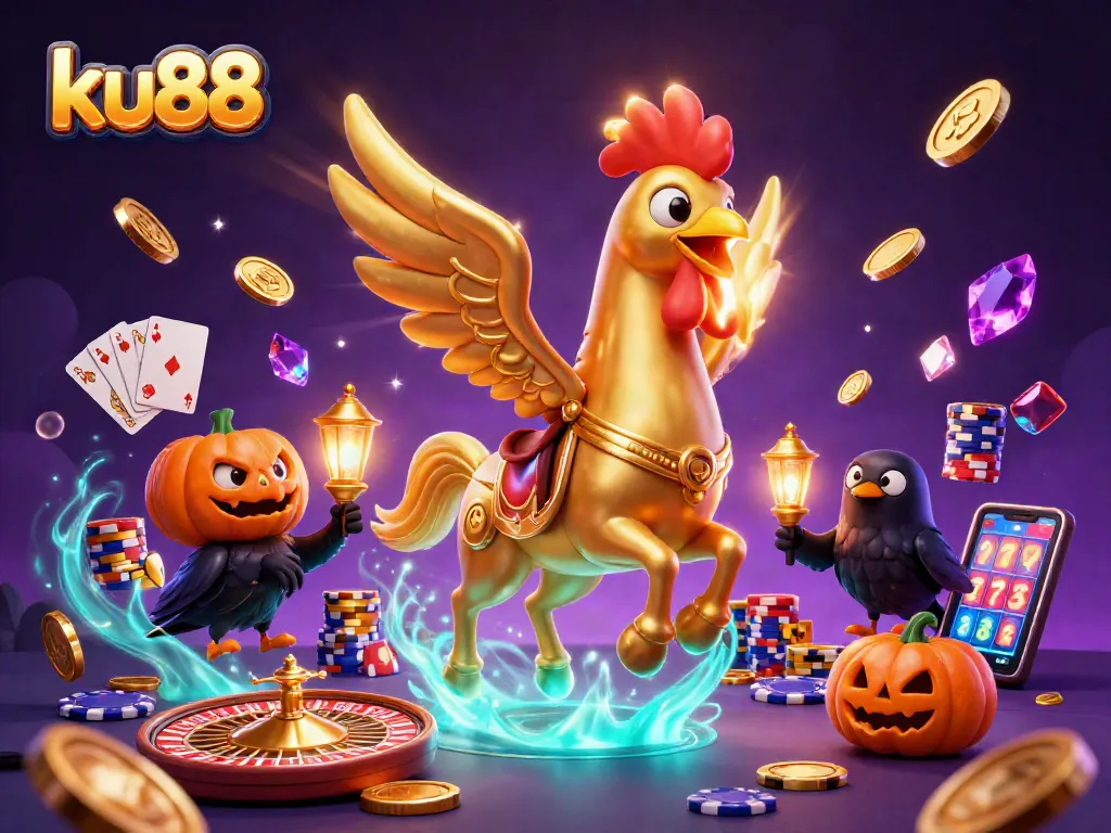 ku88 showcases a vibrant casino scene with golden rooster and dynamic game elements, capturing excitement.