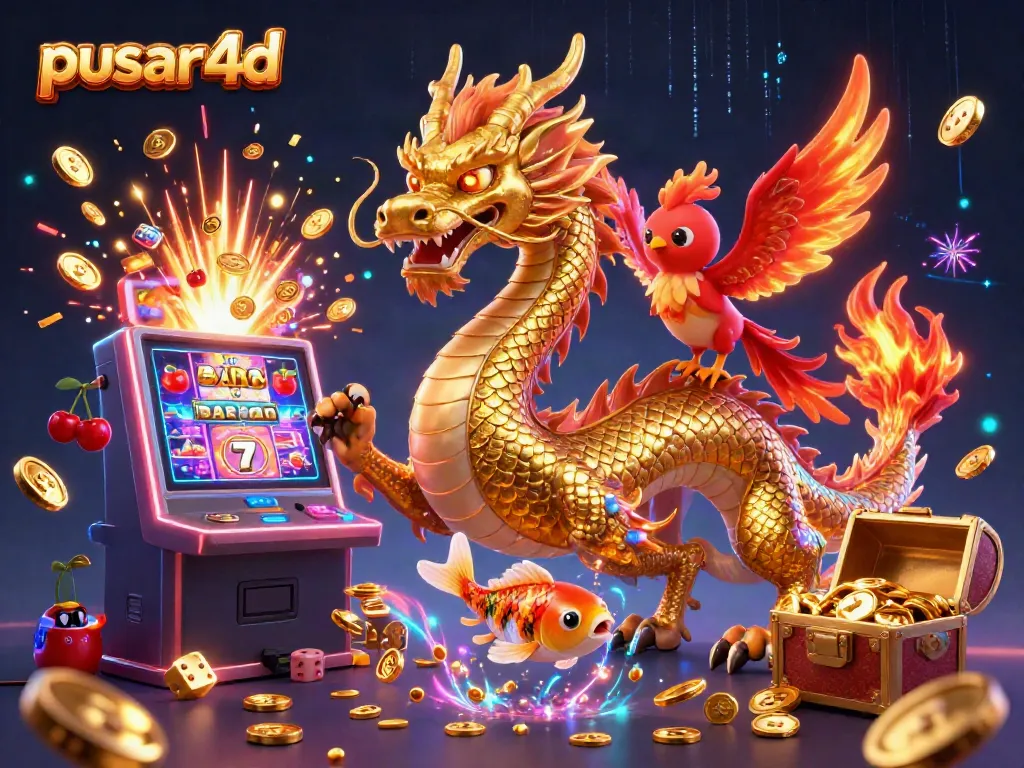 Experience the thrill of pusar4d's vibrant casino world with a dynamic dragon, phoenix, and koi fish!