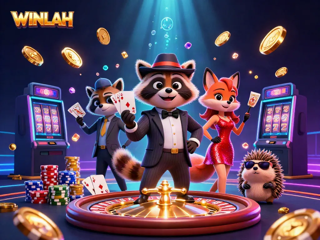 Winlah casino scene featuring a charming raccoon, fox lady, and hedgehog amidst gold coins, poker chips, and a spinning roulette wheel.