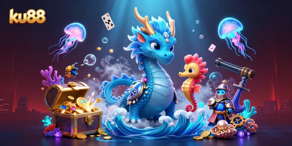 Experience thrilling gameplay at ku88 with vibrant characters, underwater treasures, and dynamic casino elements.