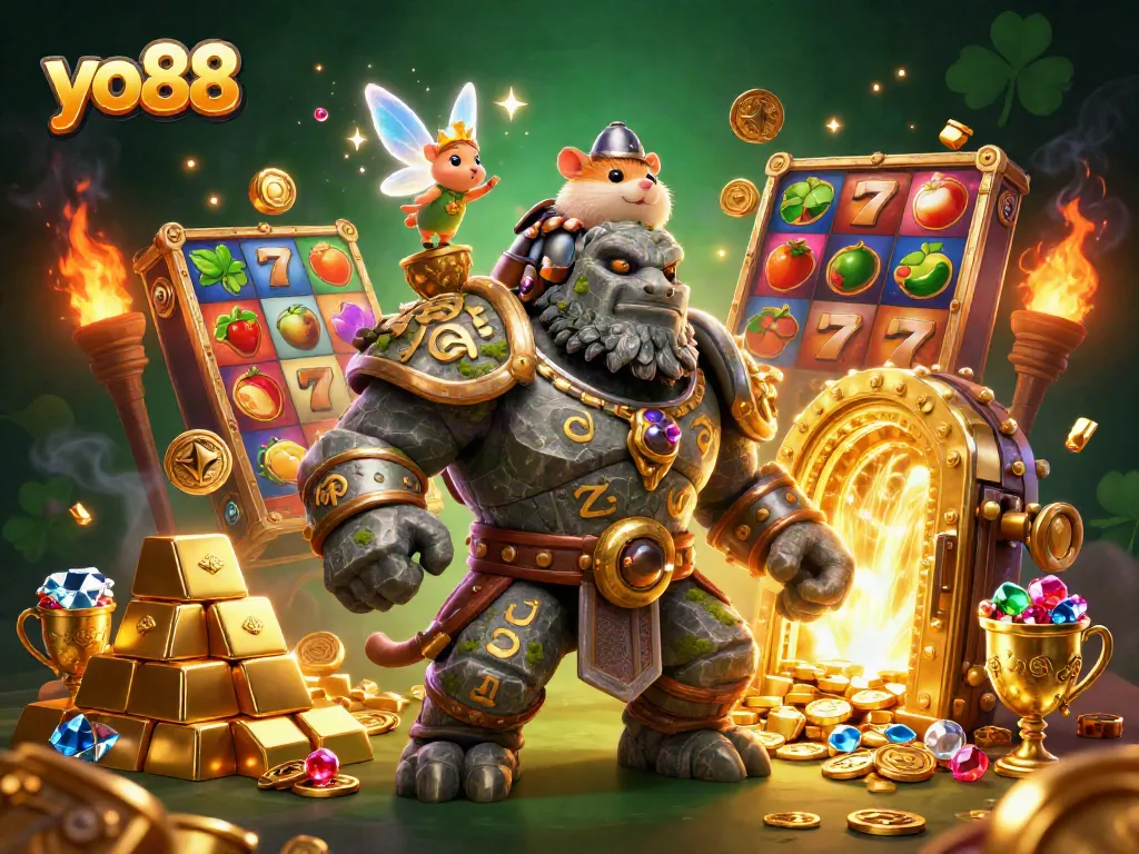 Experience the excitement of yo88 with enchanting 3D illustration of casino characters and vibrant game elements.