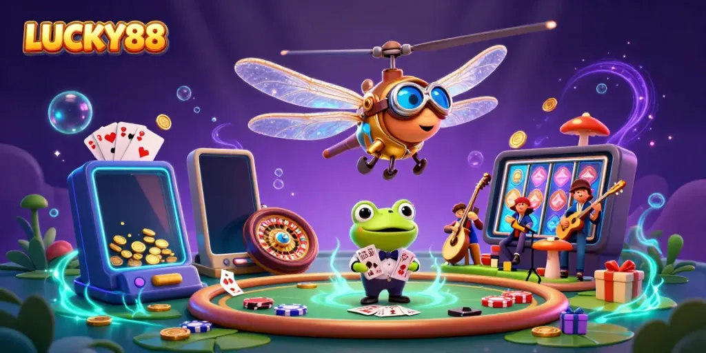 Experience the thrilling games at LUCKY88, featuring vibrant casino scenes and exciting gameplay!