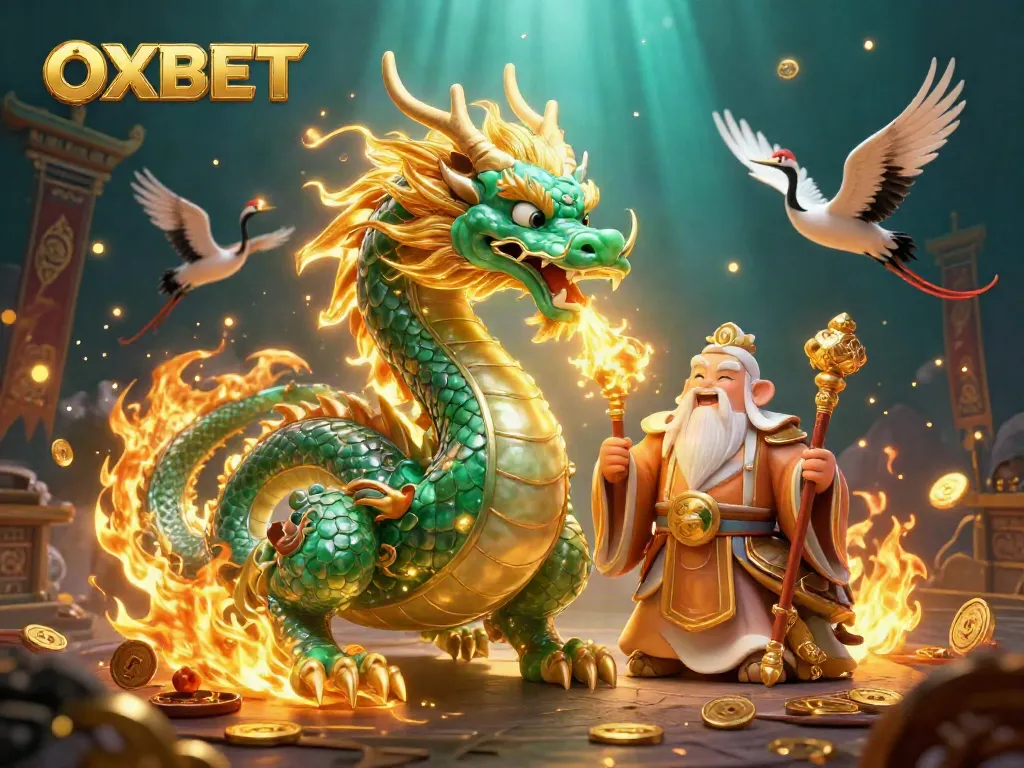 Experience thrilling gaming action at OXBET with a vibrant dragon and lucky crane scene.