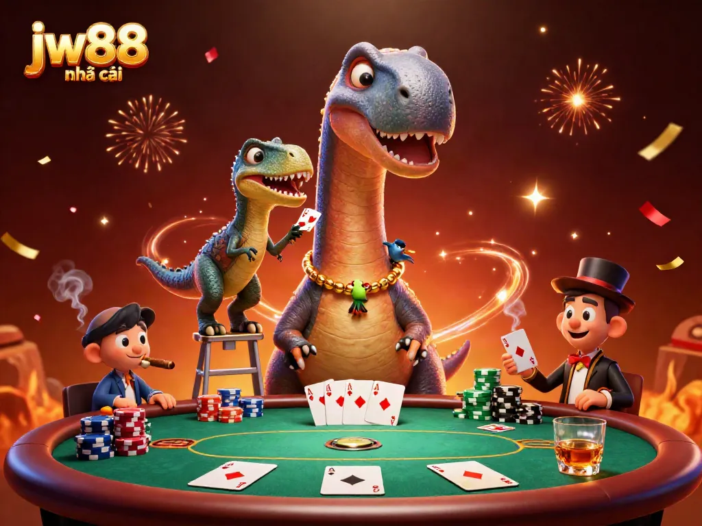 Engage with jw88 nhà cái as a brontosaurus overlooks a poker table while a clever raptor deals cards.