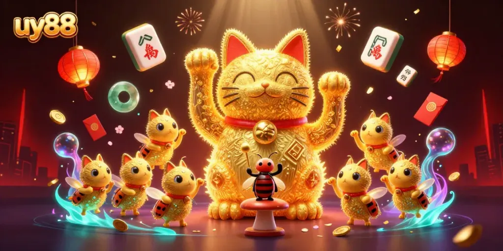 Enjoy the colorful uy88 casino moments featuring a lucky cat surrounded by vibrant gaming elements.