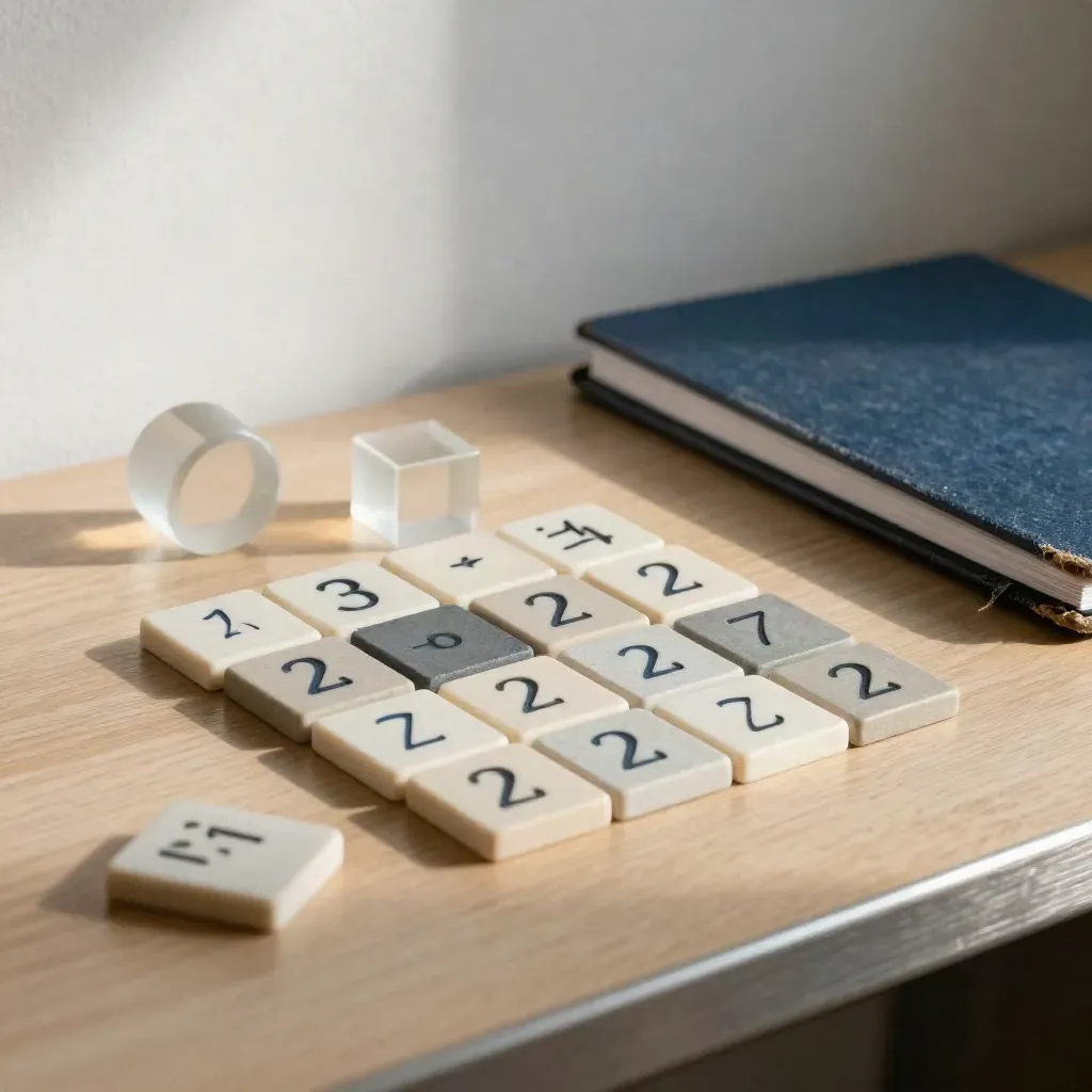 Klocki algebraiczne, bryły geometryczne i zamknięty notatnik w kąciku korepetycji